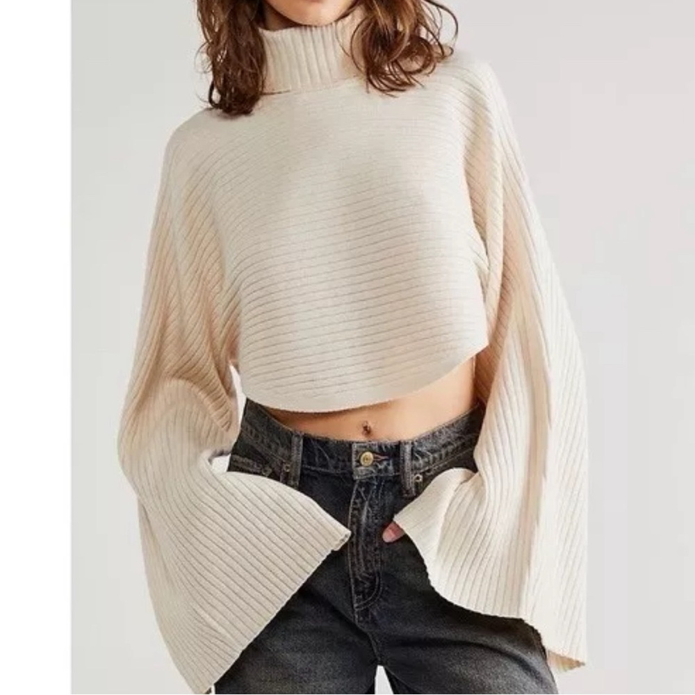 Free People Billie Mock Neck Crop Pullover Sweater NWT Champagne Dreams Ivory XS